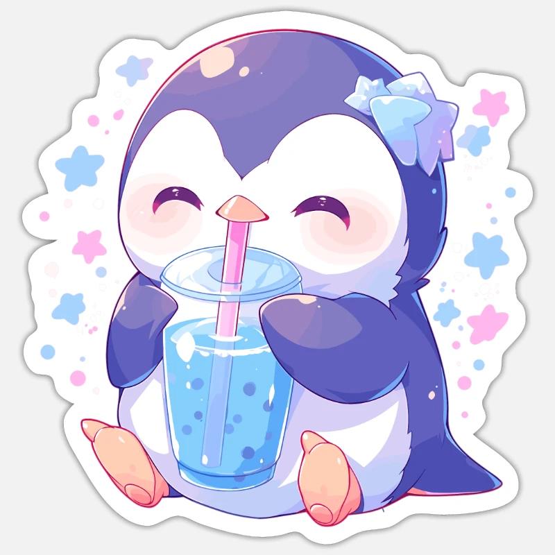 Kawaii Penguin Drinks Boba Bubble Tea Chibi Sticker size S (10 x 10 cm)