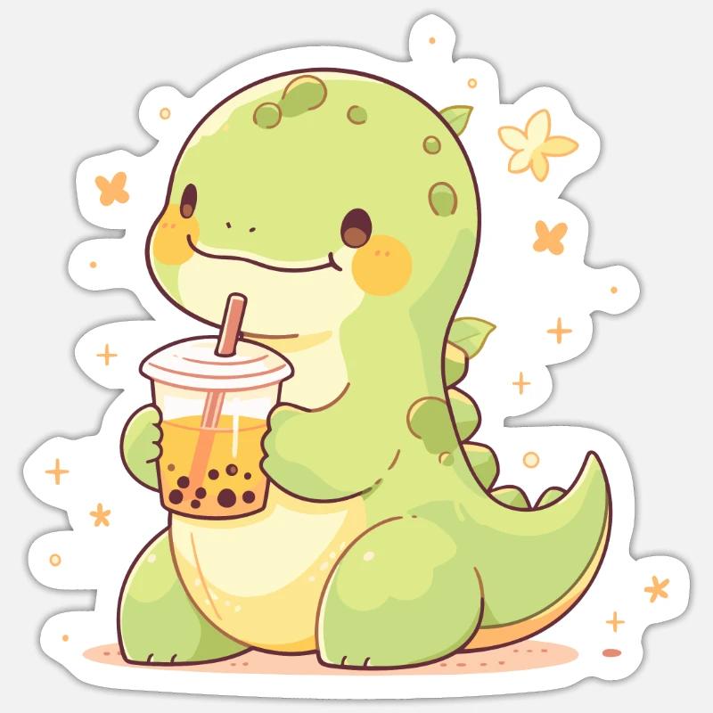 Kawaii Dinosaur Drinks Boba Bubble Tea Chibi Sticker size S (10 x 10 cm)