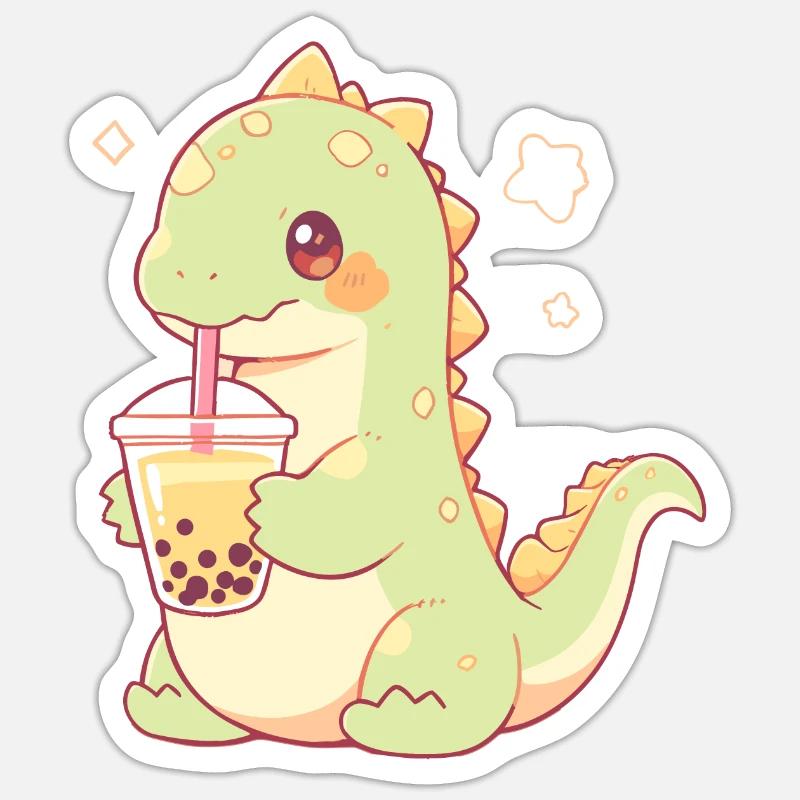 Kawaii Dinosaur Drinks Boba Bubble Tea Chibi Sticker size S (10 x 10 cm)
