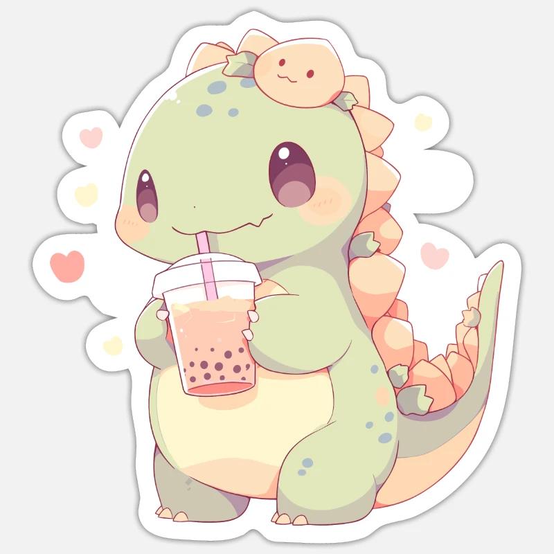 Kawaii Dinosaur Drinks Boba Bubble Tea Chibi Sticker size S (10 x 10 cm)