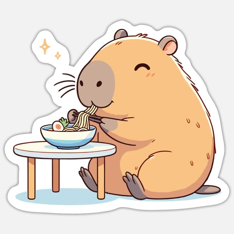 sød capybara spiser ramen nudler capybaras ramen - Sticker størrelse S (10 x 10 cm) - mat hvid