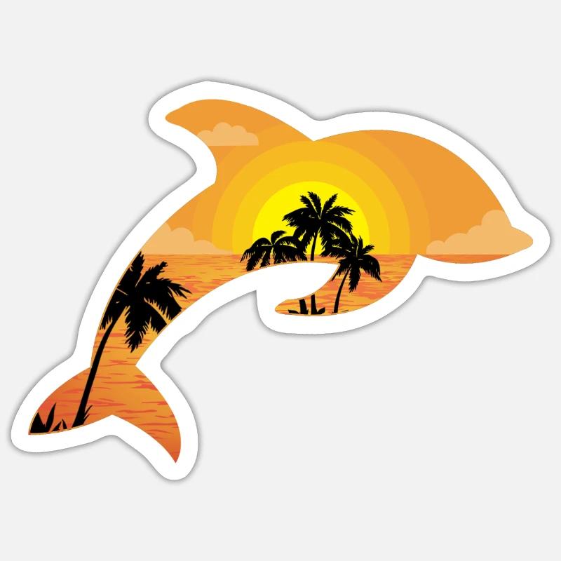 Dolphin Palm Tree Sunset - Sticker Größe S (10 x 10 cm) - Mattweiß