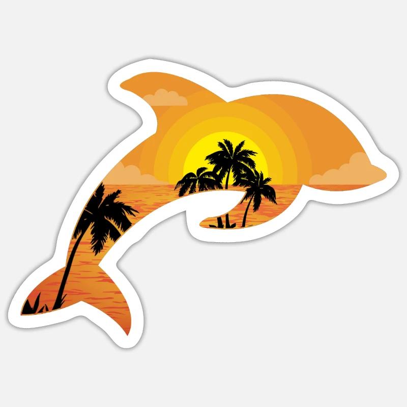 Dolphin Palm Tree Sunset - Sticker size S (10 x 10 cm) - white matte