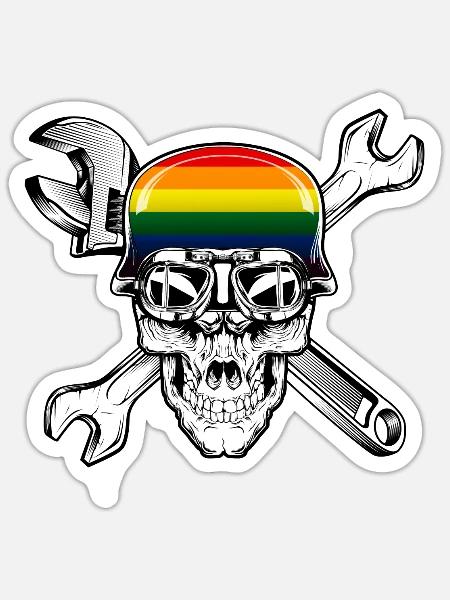 LGBTQ Pride Biker Totenkopf Motorrad Regenbox Helm - Sticker Größe S (10 x 10 cm) - Mattweiß