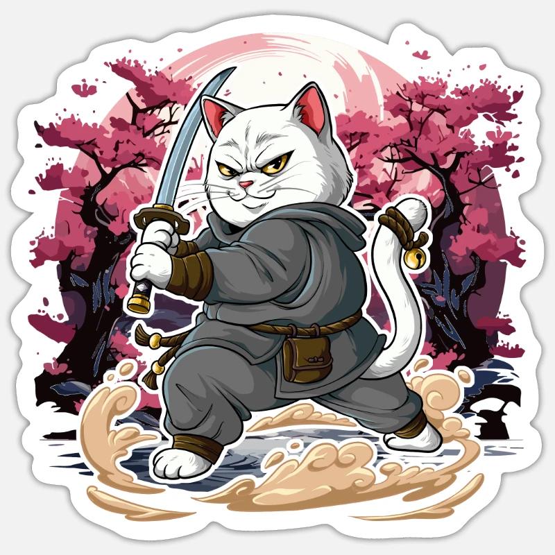 Samurai Katze - Sticker Größe S (10 x 10 cm) - Mattweiß