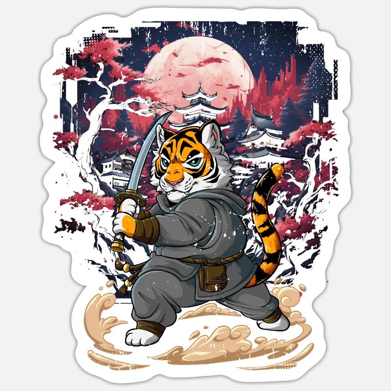 Tigre samouraï - Sticker taille S (10 x 10 cm) - blanc mat