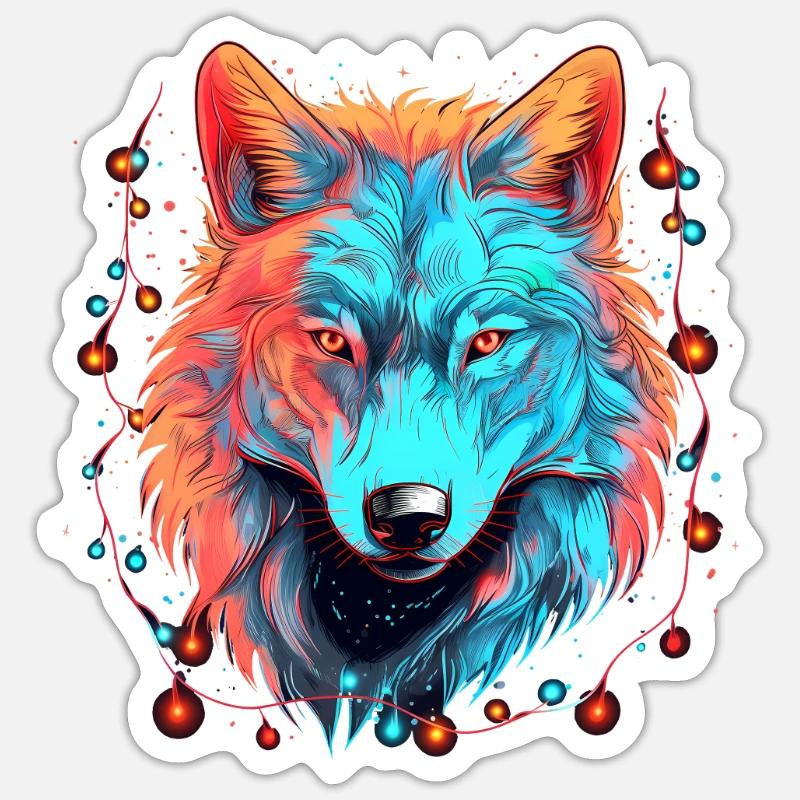 Wolf mit Weihnachtslichtern, Love Wolfs - Sticker Größe S (10 x 10 cm) - Mattweiß