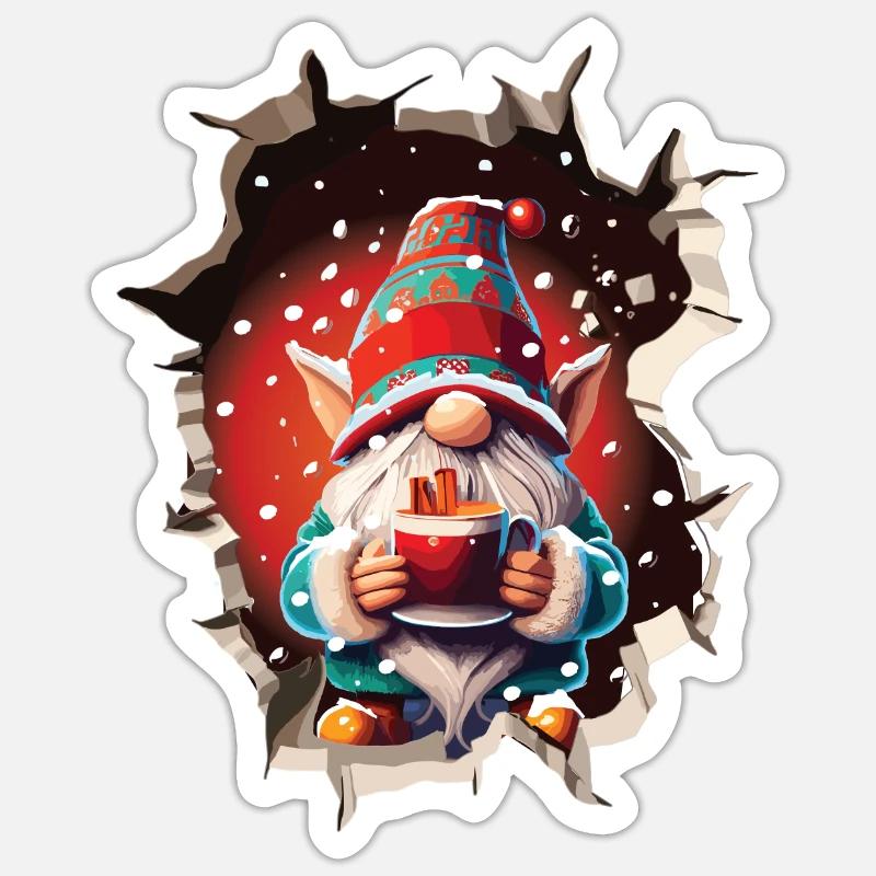 Hiver, Noël, Gnome, Percée, Trou - Sticker taille S (10 x 10 cm) - blanc mat