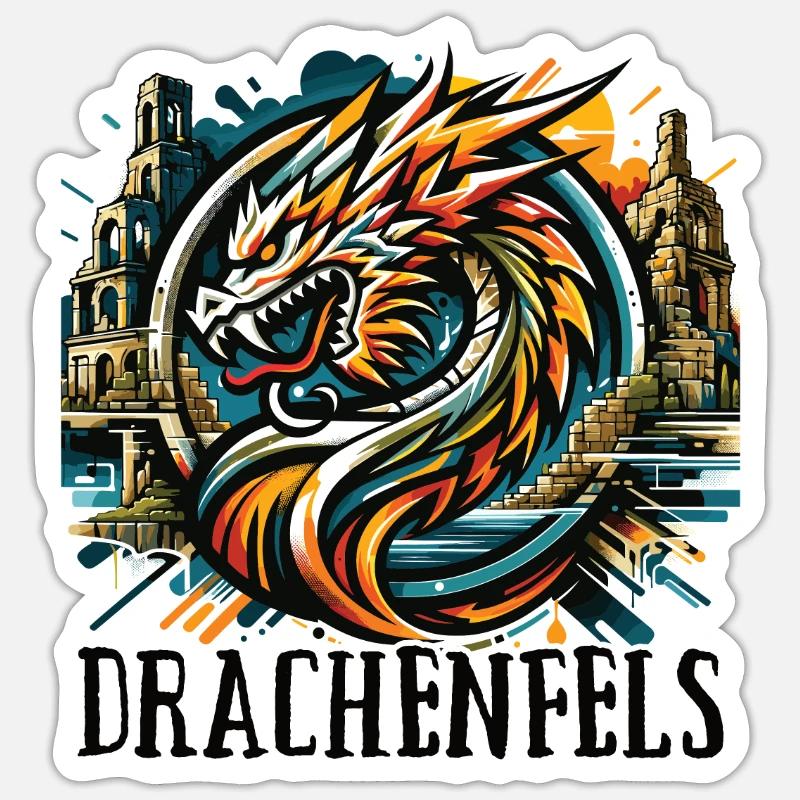 Drache Drachenkopf Logo Ruine Drachenfels - Sticker Größe S (10 x 10 cm) - Mattweiß
