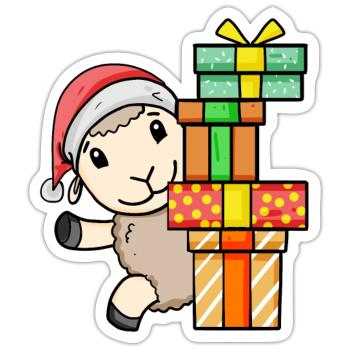 Schaf mit Weihnachtsmütze und Weihnachtsgeschenk - Sticker Größe S (10 x 10 cm) - Mattweiß - Vorne