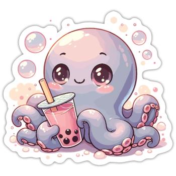 Octopus Drinking Bubble Tea kawaii Boba Octopus - Sticker size S (10 x 10 cm) - white matte - Front