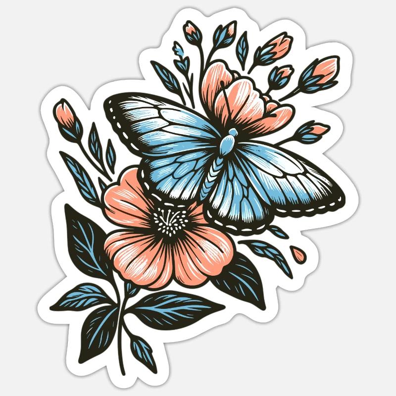 Papillon sur fleur - Sticker taille S (10 x 10 cm) - blanc mat