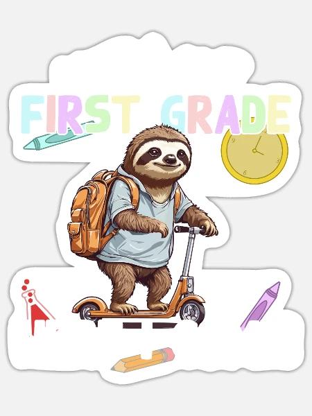 Faultier Schulanfang mit Roller Lustiger Spruch - Sticker Größe S (10 x 10 cm) - Mattweiß