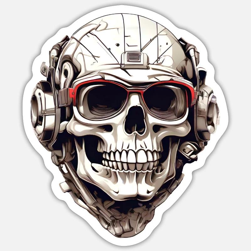 Comic Schädel mit Headset und Roter Sonnenbrille Sticker Größe S (10 x 10 cm)