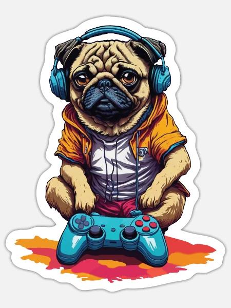 Lustiger Nerd Gaming Mops Hund mit Controller - Sticker Größe S (10 x 10 cm) - Mattweiß