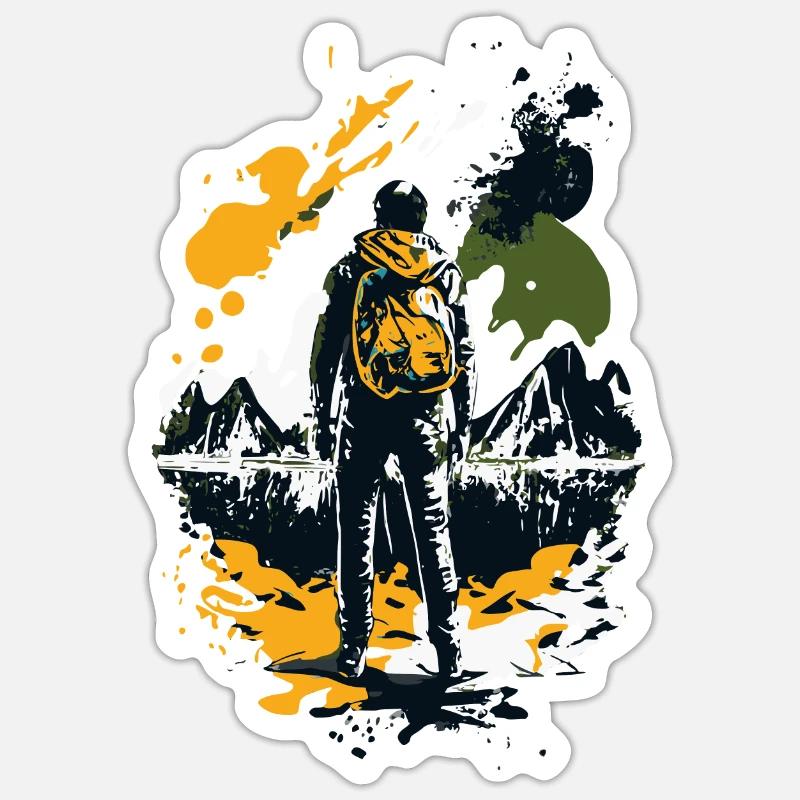 Wanderer mit Rucksack - Grafik - Sticker Größe S (10 x 10 cm) - Mattweiß