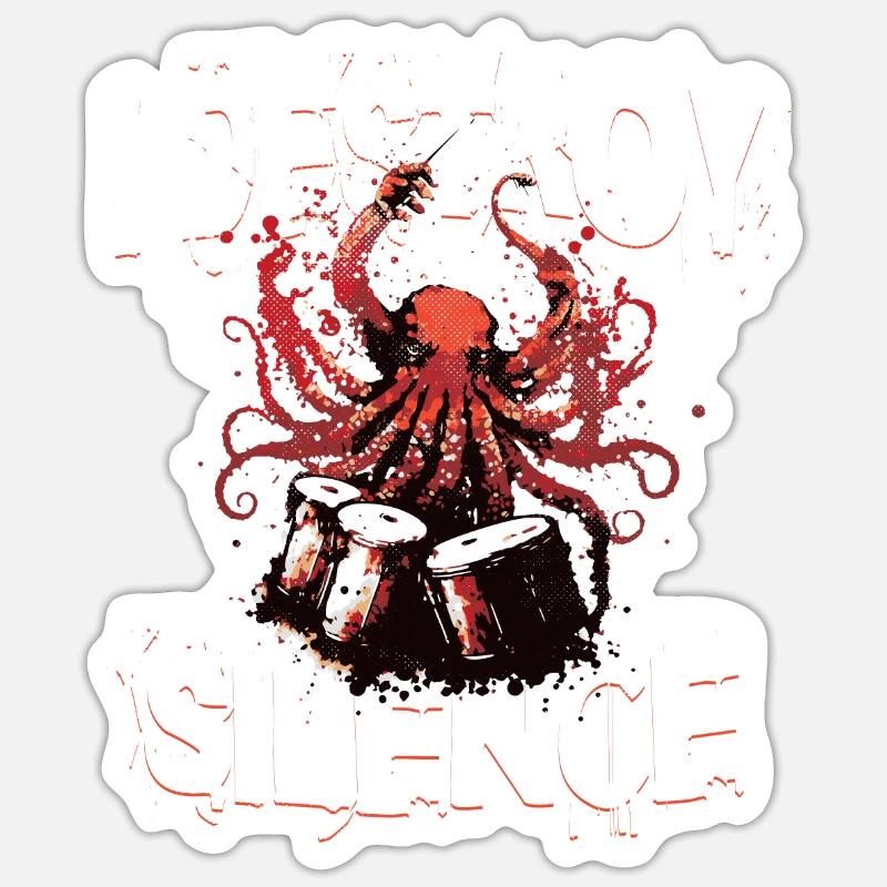 Octopus Drums Destroy Silence Drummer - Sticker size S (10 x 10 cm) - white matte