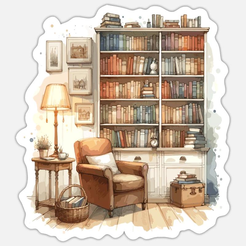Bibliothèque maison confortable à l’aquarelle - Sticker taille S (10 x 10 cm) - blanc mat