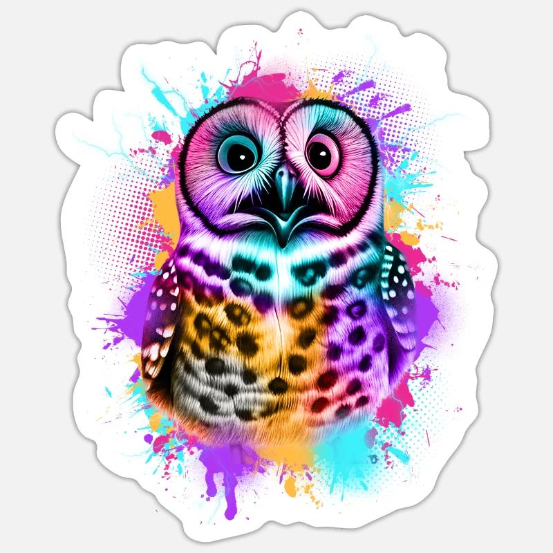 Eule Bunte Graffiti Eule - Sticker Größe S (10 x 10 cm) - Mattweiß