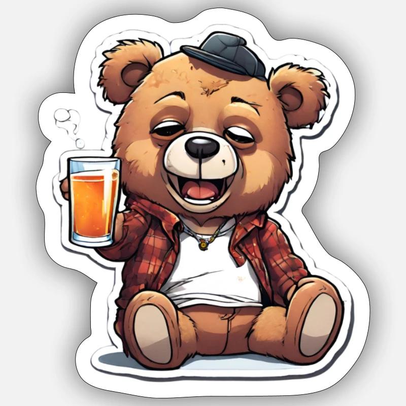 Lässiger Teddy mit Bier - Sticker Größe S (10 x 10 cm) - Mattweiß