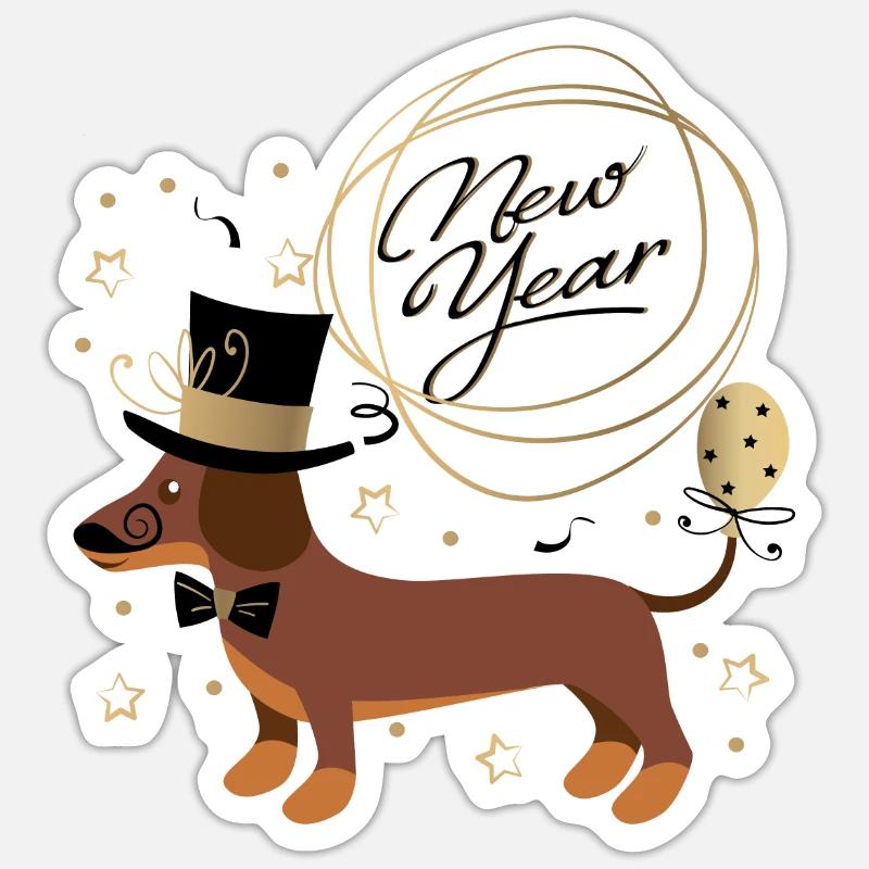 Neujahrsdackel, Dackel, Happy New Year, Silvester - Sticker Größe S (10 x 10 cm) - Mattweiß
