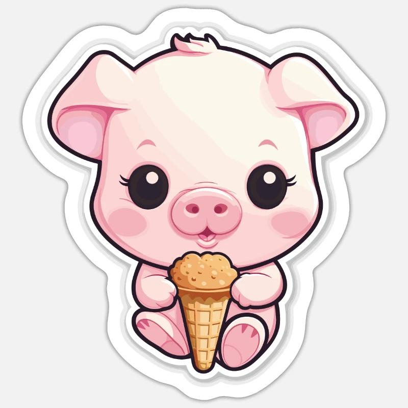 Mignon bébé cochon avec de la crème glacée - Sticker taille S (10 x 10 cm) - blanc mat
