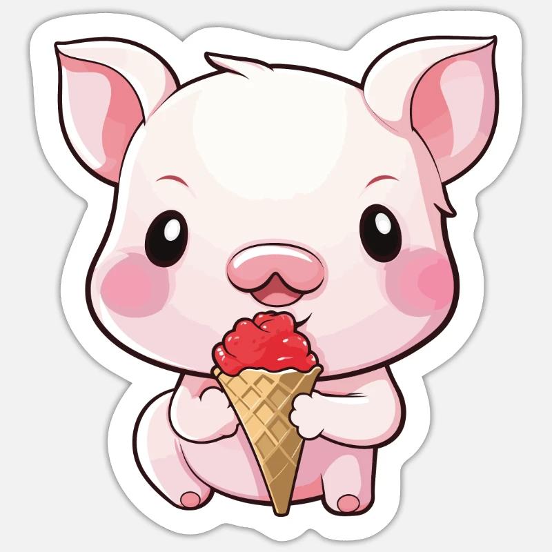 Cochon très mignon mangeant de la crème glacée Sticker taille S (10 x 10 cm)