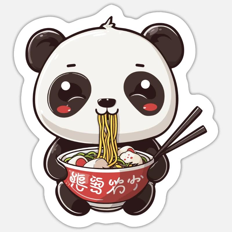 Panda mignon mangeant des ramen Sticker taille S (10 x 10 cm)