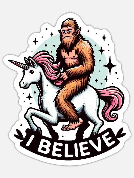 Bigfoot Ich glaube Sasquatch Reiten Fantasy Einhorn - Sticker Größe S (10 x 10 cm) - Mattweiß