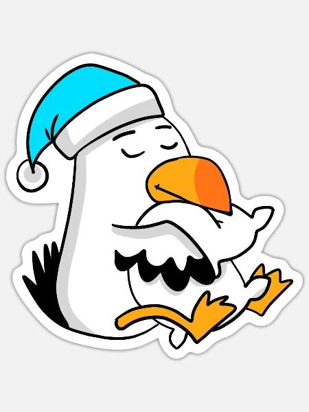 Möwe mit Kissen und Schlafmütze - Sticker Größe S (10 x 10 cm) - Mattweiß