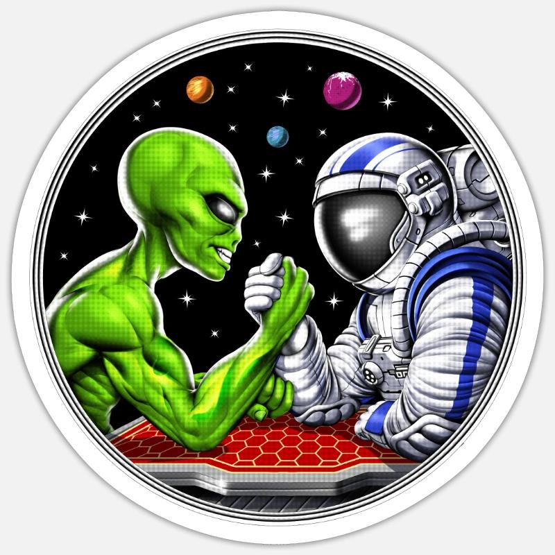 Außerirdischer Astronaut Armdrücken - Sticker Größe S (10 x 10 cm) - Mattweiß