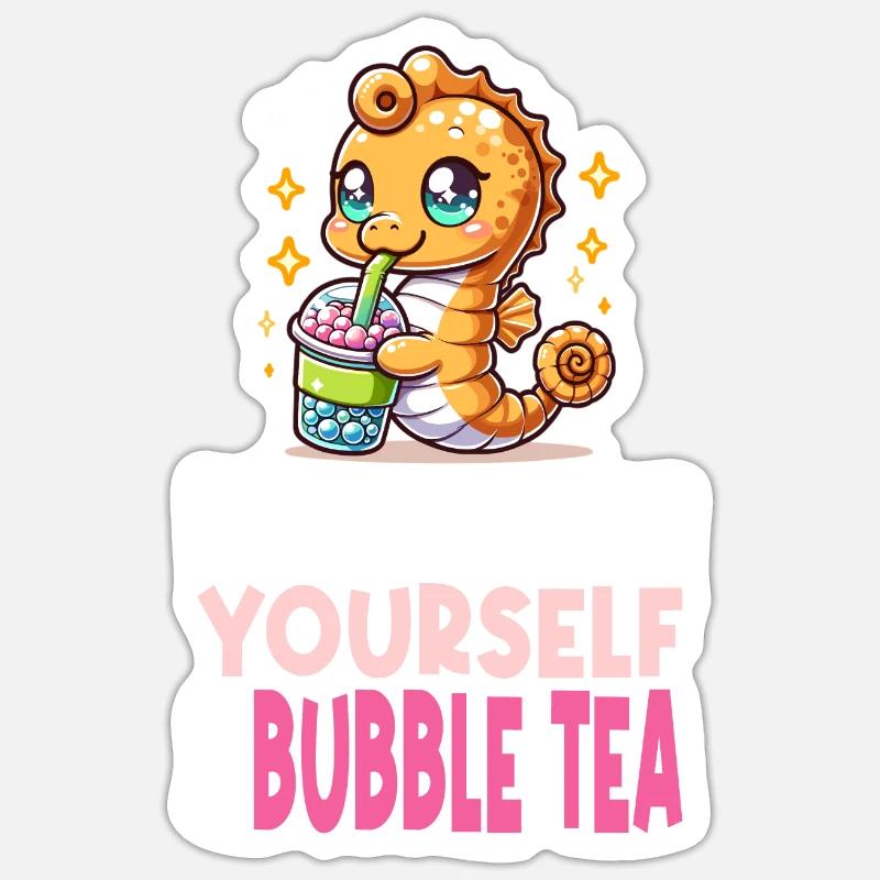 Kawaii Seepferdchen Bubble Tea Boba Milchtee - Sticker Größe S (10 x 10 cm) - Mattweiß