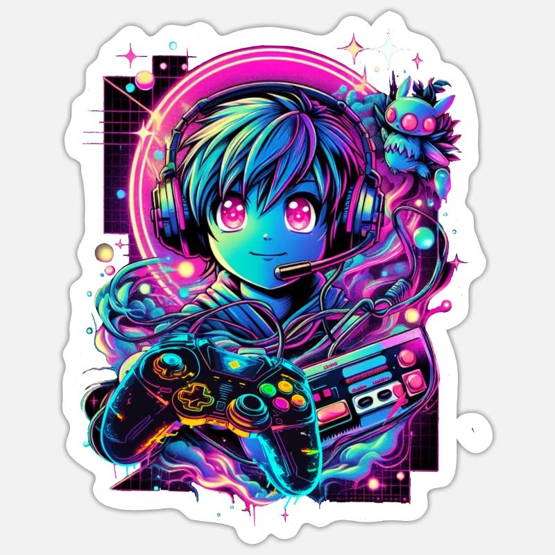 Gamer Controller Anime Synthwave Art - Sticker Größe S (10 x 10 cm) - Mattweiß