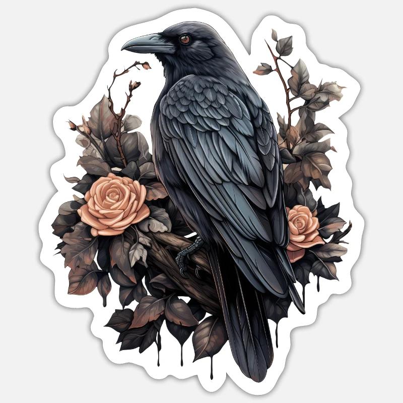 Gothic Raven Illustrations with Roses Sticker size S (10 x 10 cm)