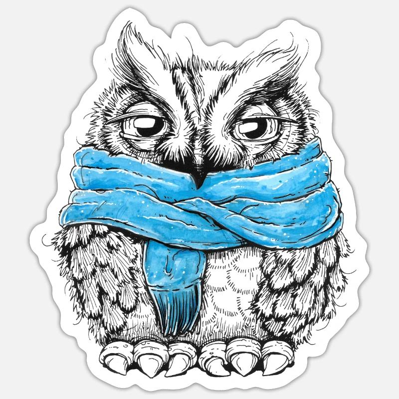 Eule mit Schal - Sticker Größe S (10 x 10 cm) - Mattweiß