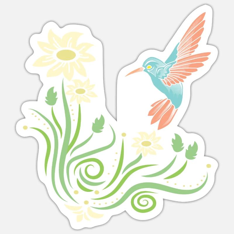 Colibri, Fleurs, Oiseau De Fleur - Sticker taille S (10 x 10 cm) - blanc mat