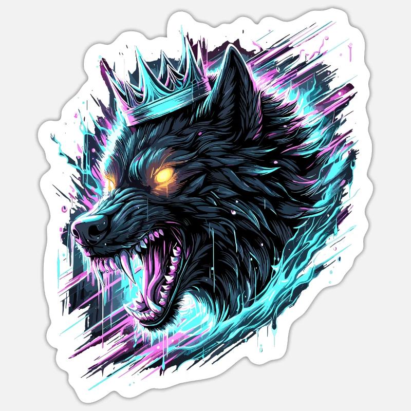 Königlicher Wolf Synthwave - Sticker Größe S (10 x 10 cm) - Mattweiß
