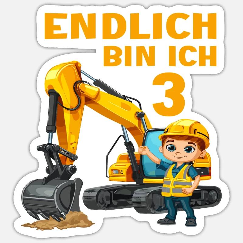 Bagger 3 Geburtstag Baggern Baggerfahrer 3 Jahre - Sticker Größe S (10 x 10 cm) - Mattweiß