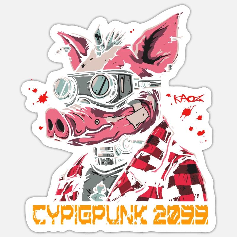 Cyber Cochon Punk - Sticker taille S (10 x 10 cm) - blanc mat