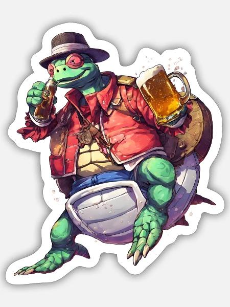 Chill & Shell: Schildkröte mit Bier-Tee - Sticker Größe S (10 x 10 cm) - Mattweiß