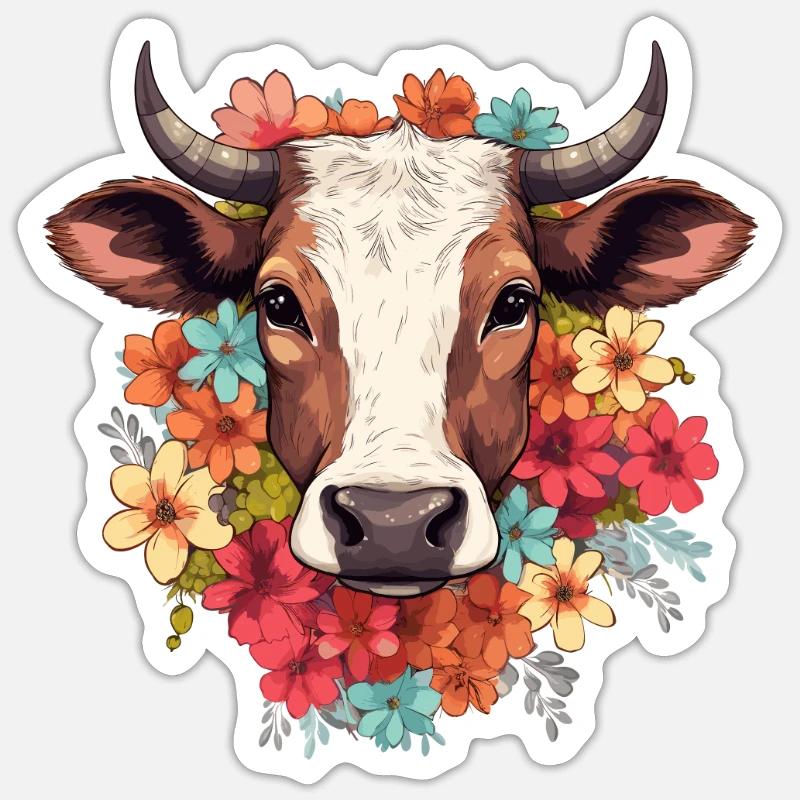 Vache avec des fleurs - Sticker taille S (10 x 10 cm) - blanc mat
