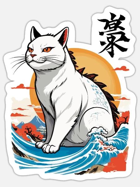 Ukiyo-E Katzen Monster Japan Welle Streetwear - Sticker Größe S (10 x 10 cm) - Mattweiß
