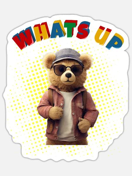 Whats Up Teddy - Lustiger Teddy Bär - Sticker Größe S (10 x 10 cm) - Mattweiß