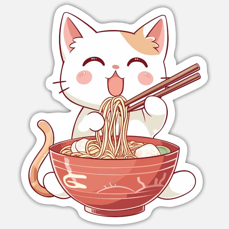 Chat mignon mangeant des ramen, chat avec des ramen Sticker taille S (10 x 10 cm)