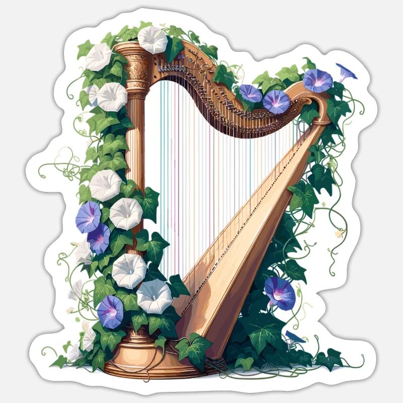 Harfe verziert mit Efeu und Prunkwinden - Sticker Größe S (10 x 10 cm) - Mattweiß