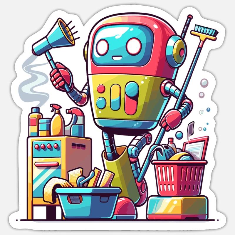 Playful robot doing chores Sticker size S (10 x 10 cm)