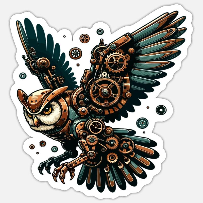 Steampunk Eule: Mechanischer Flug - Sticker Größe S (10 x 10 cm) - Mattweiß