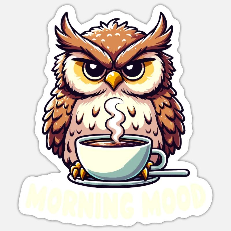 Mürrische Eule Mit Kaffee-morgenstimmung - Sticker Größe S (10 x 10 cm) - Mattweiß