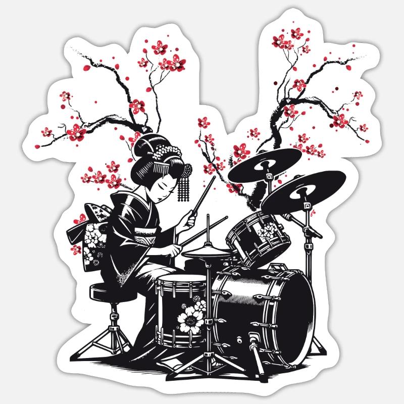 Trommelnde Sakura Geisha - Sticker Größe S (10 x 10 cm) - Mattweiß
