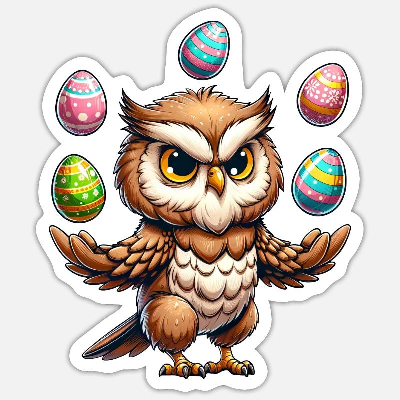 Comic Eule Jongliert mit Osterei Ostern Ei Sticker Größe S (10 x 10 cm)